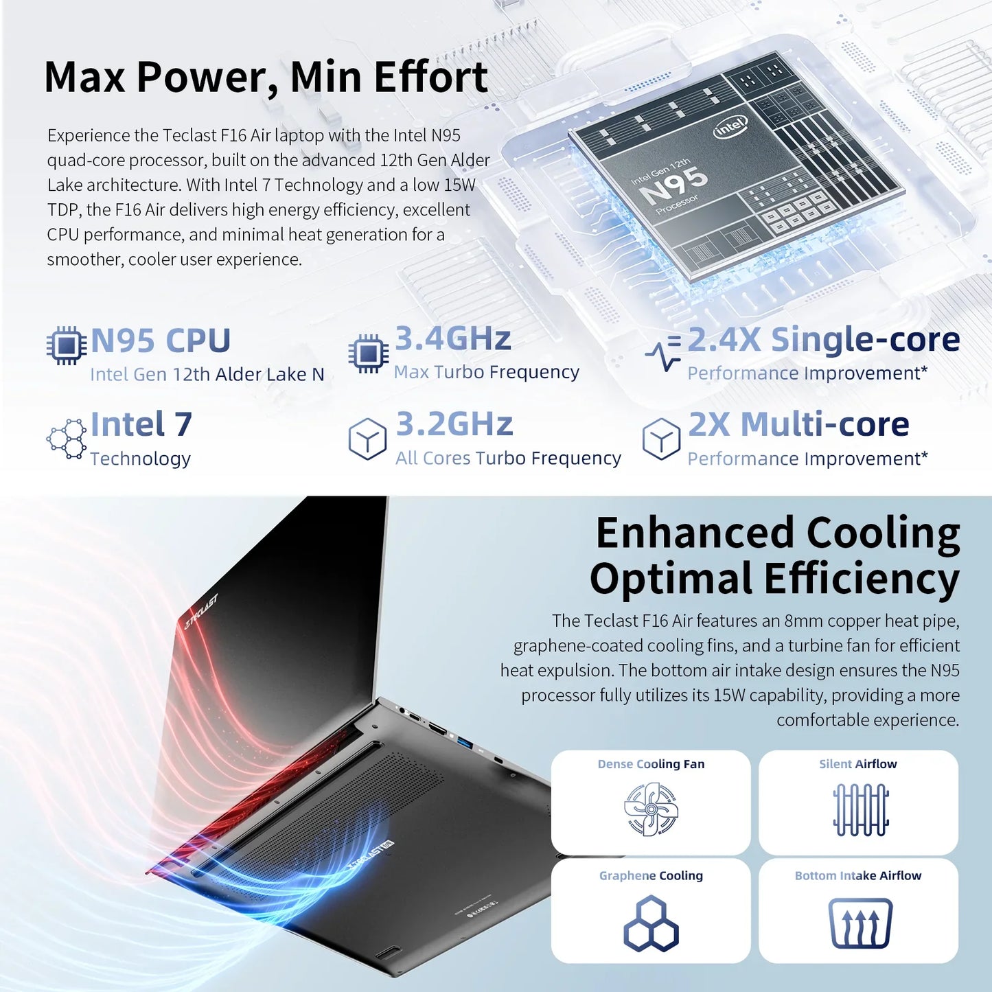 Ordinateur portable TECLAST F16 Air 16 pouces, rabattable à 180 degrés, 16 Go + 512 Go, processeur Intel N95, Windows 11, mini HDMI, clavier rétroéclairé