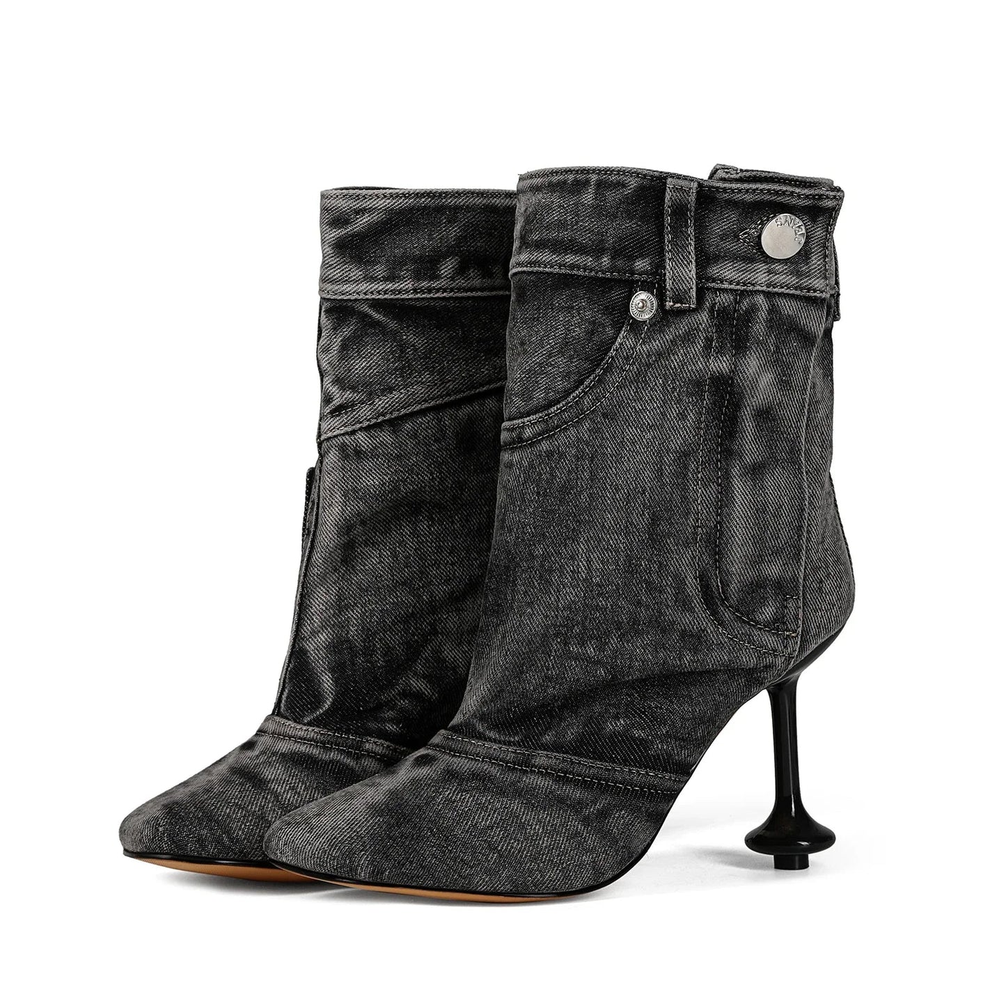 European and American Alien and Square Head Splicing Design Water Washed Cowboy Boots for Women's Trendy Side Zipper Short Boots