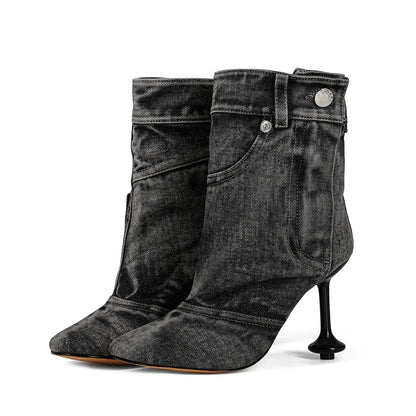 European and American Alien and Square Head Splicing Design Water Washed Cowboy Boots for Women's Trendy Side Zipper Short Boots