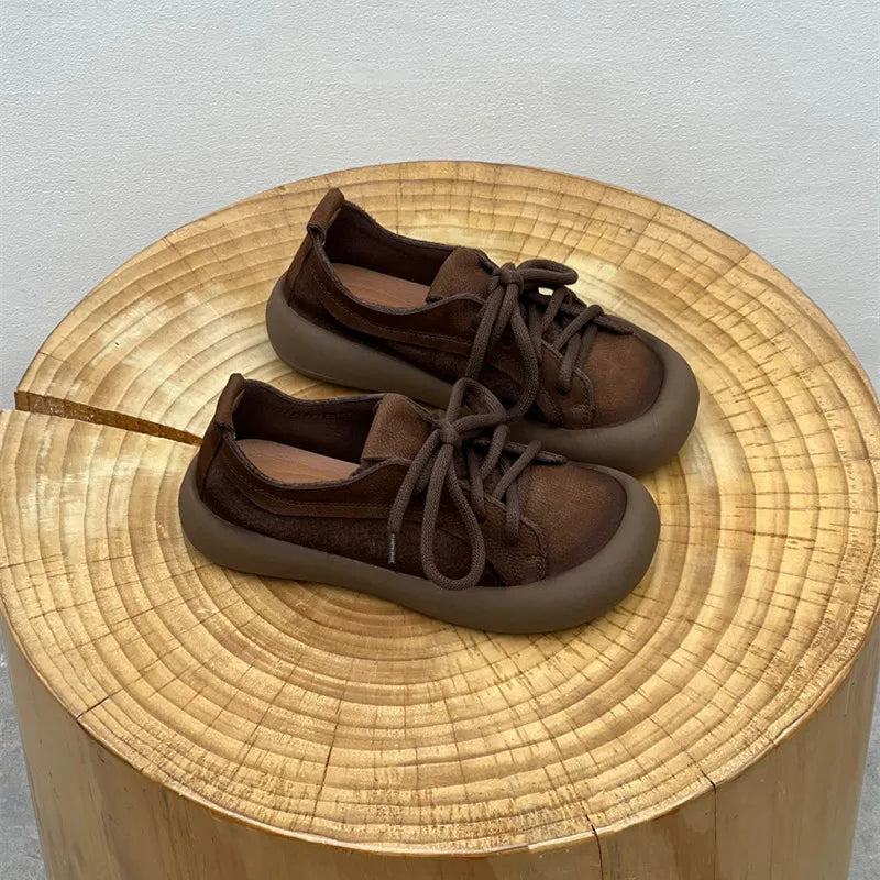 Chaussures en cuir de vache pour femmes, style rétro, pour loisirs en plein air, marche, chaussures plates à lacets, chaussures de travail sur le terrain des agriculteurs