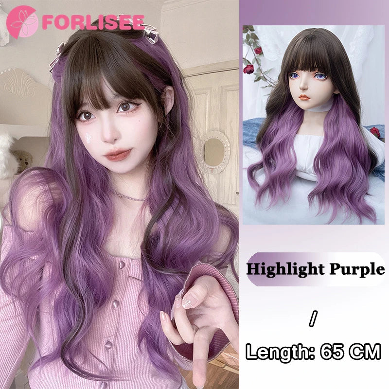 Pink Blonde Highlights Long Wavy Wig Synthetic Colorful Lolita Cosplay Hair Wigs with Bangs for Women Heat Resistant Daily Use