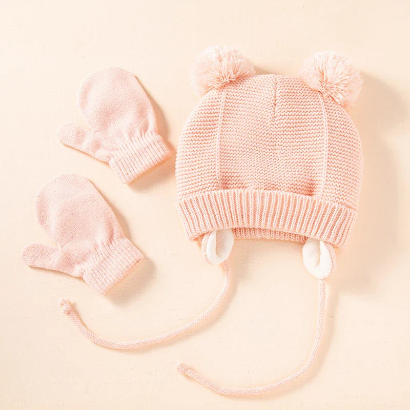 Ensemble de gants et bonnets en tricot pour bébé, protection des oreilles pour bébé, bonnet pour tout-petit, document solide, mignon, guerre en plein air, filles et garçons, automne et hiver, 2 pièces