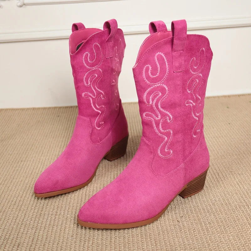 Embroidered Western Cowboy Boots for Women Autumn Pointed Toe Thick Heel High Knee Boots Woman Loose PU Leather Long Botas Mujer