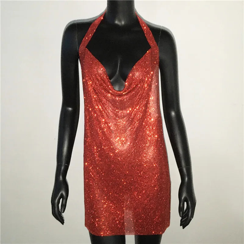 Robe de soirée sexy pour femme Bling Diamante, en cristal et strass, dos nu, pour festival, cocktail, soirée, rave.