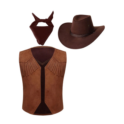 Enfants Halloween Western Cowboy Cowgirl Cosplay Costume Gilet à Franges Rétro avec Bandana et Chapeau pour Fête de Carnaval