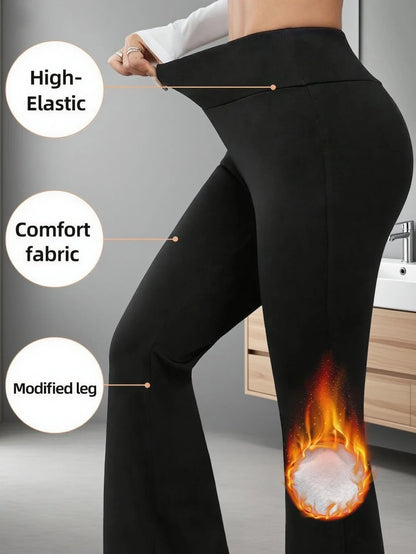 1 paire de pantalons évasés doublés de laine chaude pour femmes, leggings coupe-vent d'hiver, pantalons de cyclisme en plein air pour temps froid
