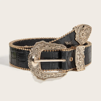 Western PU Leather Belt Western Cowboy Women Cowgirl Unisex Waist Belt with Metal Engraved Buckle