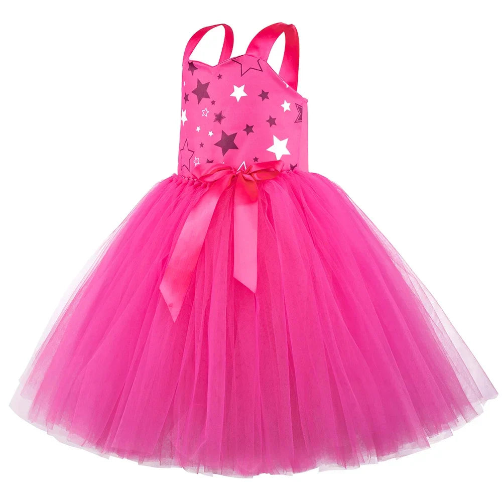 Movie Cowgirl Barbi Costume for Girls Princess Dress Hot Pink Plaid Margot Robbie Tutu Dress Kids Birthday Party Tulle Dresses