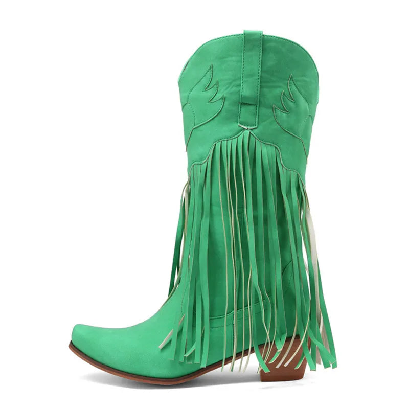 Nouvelles bottes de cowboy rétro ethniques pour femmes avec pompon à talon moyen, chaussures d'hiver pour femmes