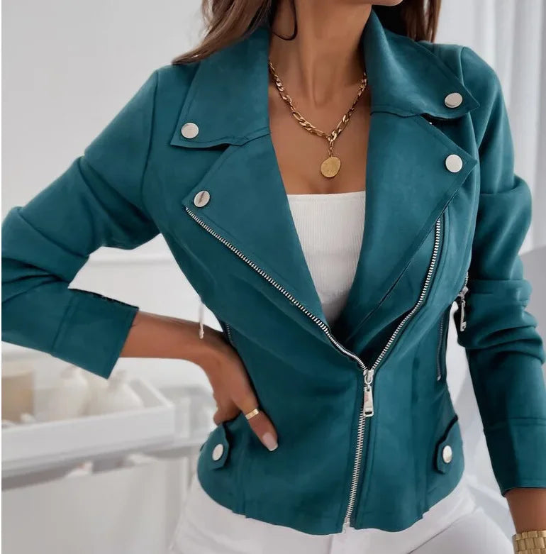 Autumn Women Jackets Asymmetrical Outwear Zip Up Motorcycle Suede Slim Solid Ride Slim Fit Female Coats