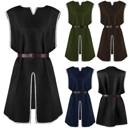 Tunique Viking Médiévale Chemise Col V Sans Manches Avec Ceinture Mi-Longue Grande Taille Cosplay Performance Déguisement Halloween Haut de Pirate