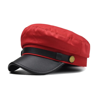 PU Leather Unisex Cycling Caps, Women Men Autumn Sailor Hat Black, Travel Student Hat, Flat Top Captain Hat