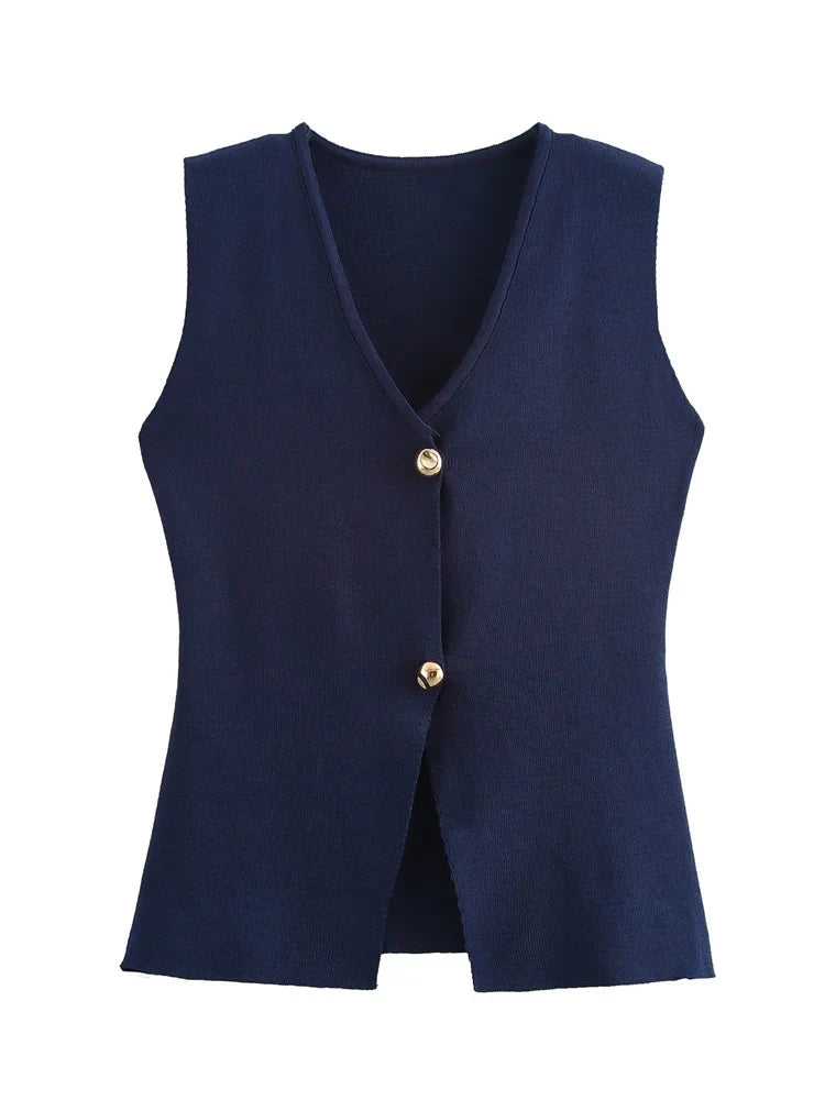Zevity New Women Fashion V Neck Sleeveless Golden Buttons Knitted Vest Sweater Female Chic Solid Color Slim Cardigan Tops LS6273