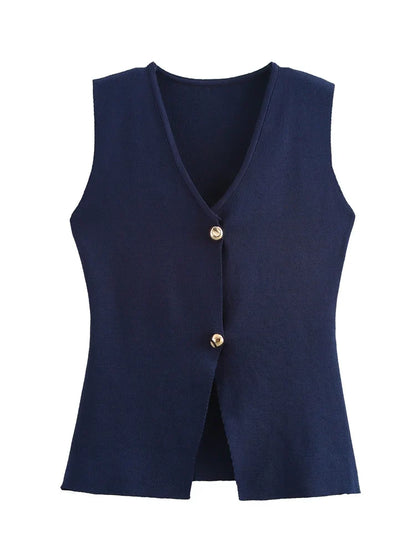 Zevity New Women Fashion V Neck Sleeveless Golden Buttons Knitted Vest Sweater Female Chic Solid Color Slim Cardigan Tops LS6273