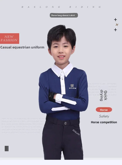 Baslong T-shirt pour enfants, haut à manches longues, protection solaire respirante, vêtements de chevalier pour garçons et filles, compétition d'équitation, vêtements de chevalier
