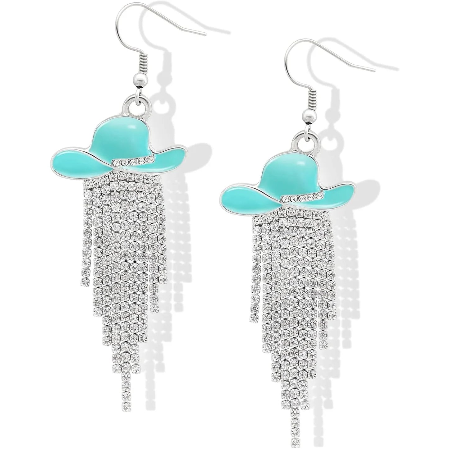 Boucles d'oreilles pendantes de cowgirl de l'Ouest, Chapeau en émail, Pendentif à pompon strass scintillant, Bijoux pour femmes pour bal, concerts country, rodéo, cow-boy