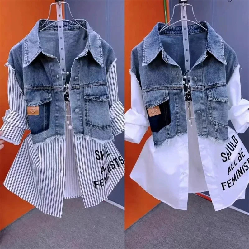 Women's denim jacket, fake two denim shirts, new spring-summer autumn 2025 collection, casual fashion, Joker stitching, striped tops, feminine coat
