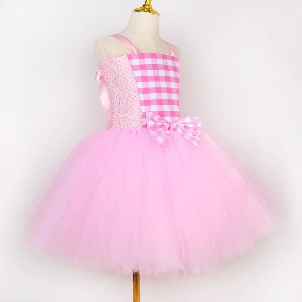Costume Barbie La Movie pour filles Margot Robbie Robe tutu en tulle à carreaux rose Vêtements de déguisement de princesse pour enfants pour Halloween et fêtes d'anniversaire