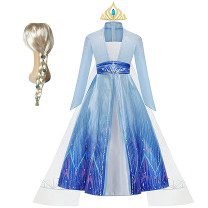 Déguisement Elsa pour Fille, Fête d'Anniversaire, Robe de Princesse Bleue à Manches Longues, Vêtement de Carnaval pour Enfants