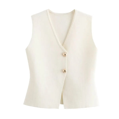Zevity New Women Fashion V Neck Sleeveless Golden Buttons Knitted Vest Sweater Female Chic Solid Color Slim Cardigan Tops LS6273