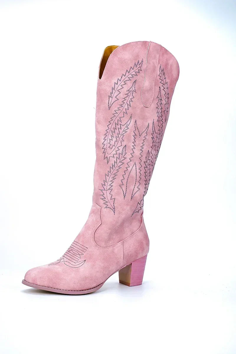Women Fashion Boots Spring Low Heel Women Shoes Cool British Embroidered Design Soft Short Boots Party Knee High Boots Pink 2024