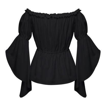 Women's Renaissance Ruffle Blouses, Ruched Sleeve Pleated Blouse, Off Shoulder Boat Neck Medieval Shirt, Victorian Shirt