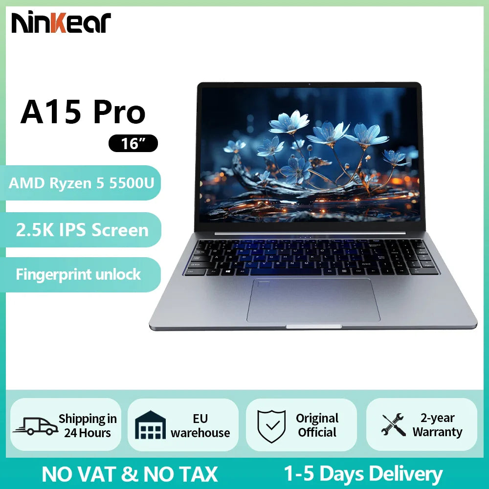 Ordinateur portable Ninkear A15 Pro 16" IPS 2.5K FHD AMD Ryzen5 5500U, 16G DDR4 3200Mhz+512Go SSD, batterie 54Wh, Windows 11 PRO