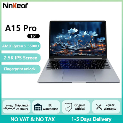Ordinateur portable Ninkear A15 Pro 16" IPS 2.5K FHD AMD Ryzen5 5500U, 16G DDR4 3200Mhz+512Go SSD, batterie 54Wh, Windows 11 PRO