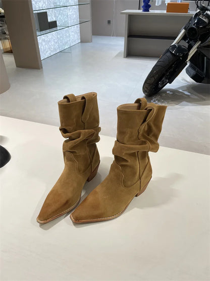 New Fashion Western Cowboy Boots Pointed Pleated V-mouth Thick Heel Medium Tube Short Boots