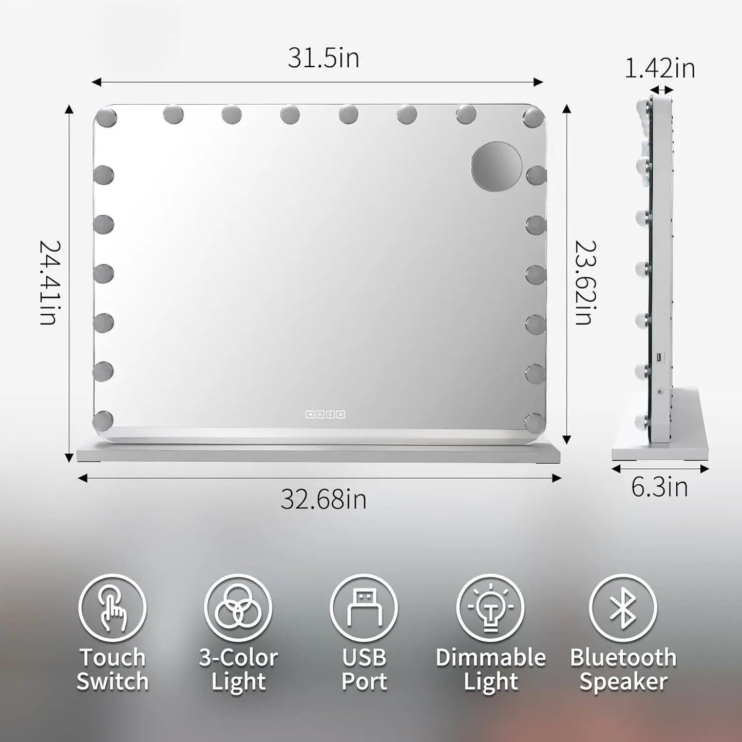 Miroir de maquillage Hollywood avec éclairage 20 LED, lecteur Bluetooth, grand miroir cosmétique 80x60 cm avec 3 variateurs lumineux, USB, tactile