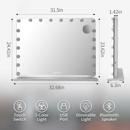 Miroir de maquillage Hollywood avec éclairage 20 LED, lecteur Bluetooth, grand miroir cosmétique 80x60 cm avec 3 variateurs lumineux, USB, tactile