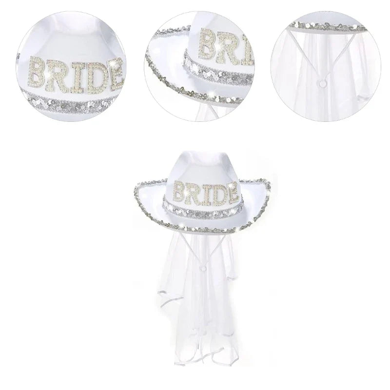 Funny Cowboy Cowgirl Bride Hat with Mesh Veil Rhinestones Bride Letter Wide Brim Hat Bachelorette Wedding Party Props