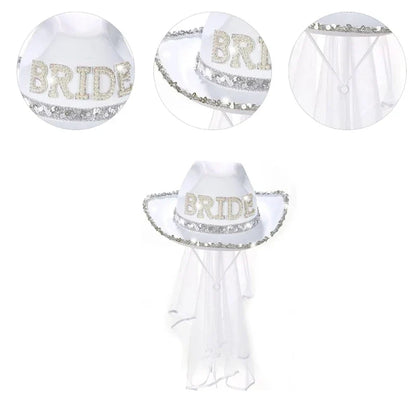 Funny Cowboy Cowgirl Bride Hat with Mesh Veil Rhinestones Bride Letter Wide Brim Hat Bachelorette Wedding Party Props