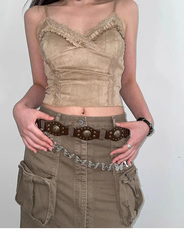 Ceinture de Cowboy occidentale pour femmes, nouvelle ceinture à rivets marron Vintage américain, ceinture en Denim polyvalente avec Style Ins, 2025