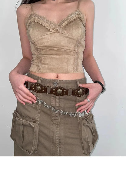 Ceinture de Cowboy occidentale pour femmes, nouvelle ceinture à rivets marron Vintage américain, ceinture en Denim polyvalente avec Style Ins, 2025