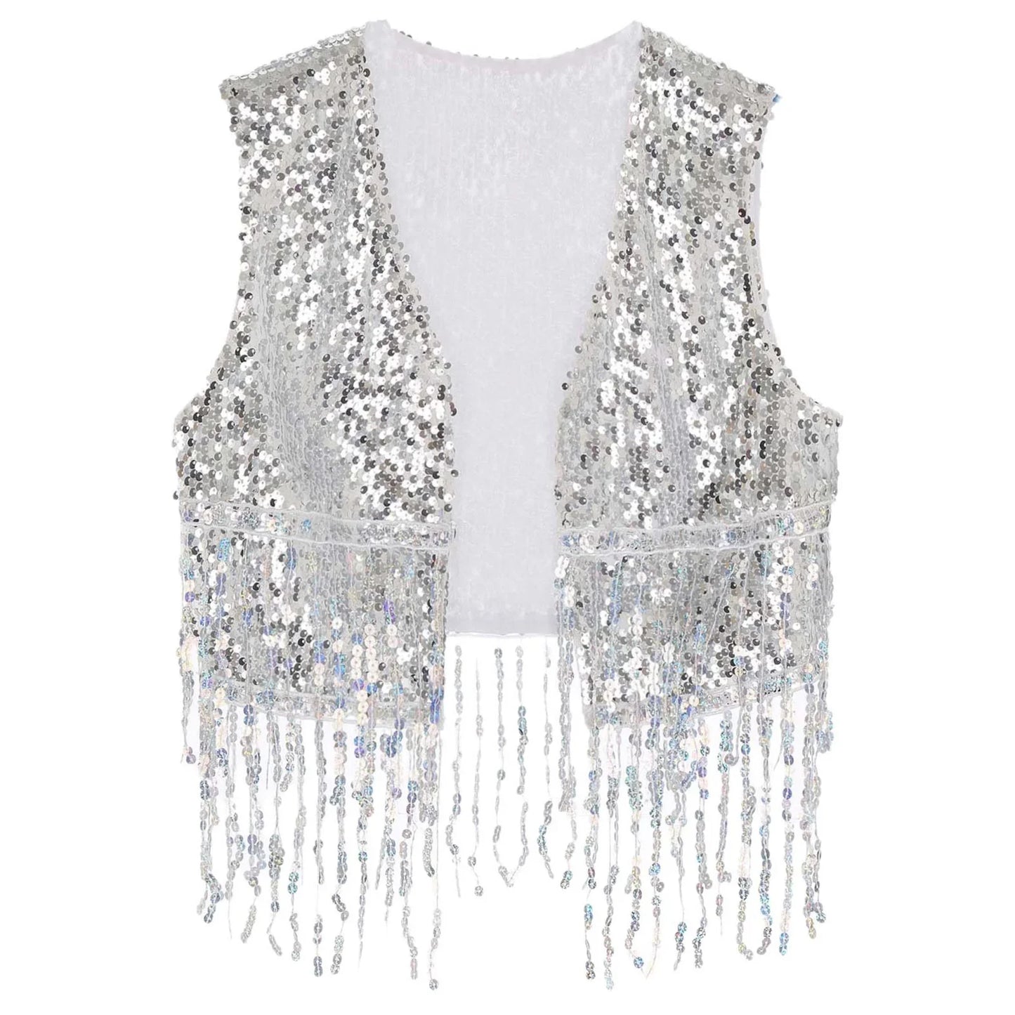 Mens Cowboy Western Costume Shiny Vintage 70s Disco Costumes Fringe Sequin Waistcoat Sleeveless Open Front Cropped Vest Cardigan