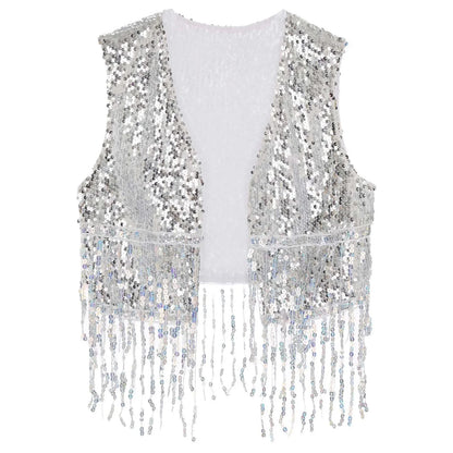 Mens Cowboy Western Costume Shiny Vintage 70s Disco Costumes Fringe Sequin Waistcoat Sleeveless Open Front Cropped Vest Cardigan