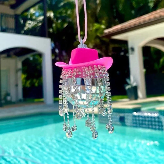 Frange Strass Rose Cowgirl Boule Disco Voiture Suspendue Rétroviseur Intérieur Accessoire Cowboy Tendance Mignons Breloques Décorations de Noël