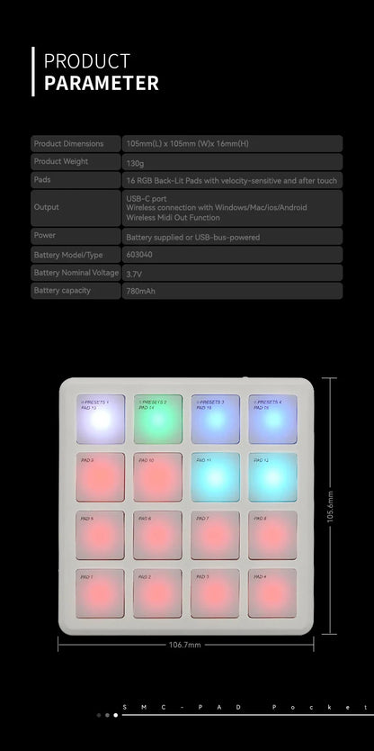 Contrôleur MIDI sans fil Portable M-VAVE SMC-PAD, 16 tampons, Percussion appropriée, DJ, arrangeur de musique, contrôleur de clavier