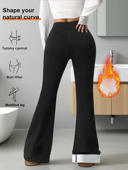 1 paire de pantalons évasés doublés de laine chaude pour femmes, leggings coupe-vent d'hiver, pantalons de cyclisme en plein air pour temps froid