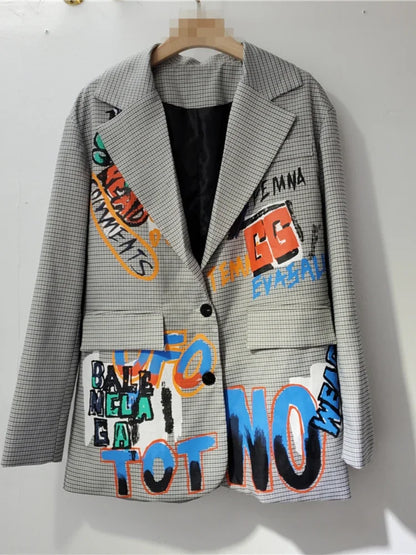 Femmes Lettres Graffiti Carreaux Blazers Manteau Carreaux Costumes Veste Mi-Longue OL Col Rabattu Cardigan Court Hauts Jaqueta