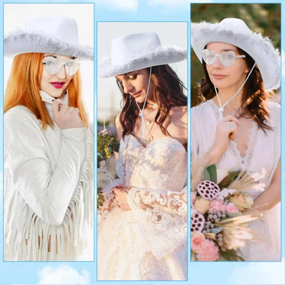 Ensemble de chapeaux de Cowboy roses, 3 pièces, chapeaux de fête d'enterrement de vie de jeune fille, chapeaux de Cowgirl occidentale en plumes, casquettes de Costume de fête + lunettes + mouchoir