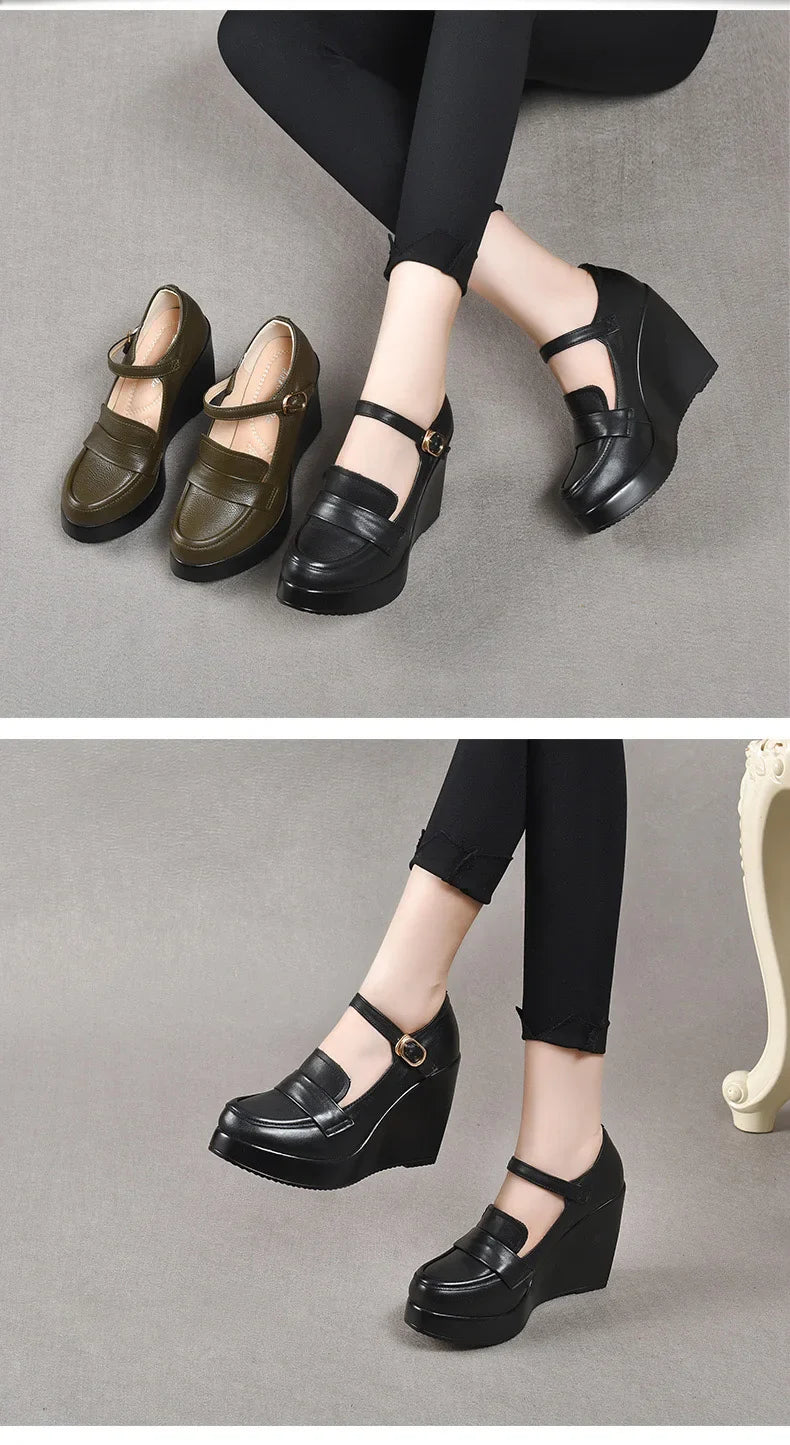 GKTINOO 2025 Compensées Chaussures Femme Printemps Automne À Enfiler Talons Hauts Bout Rond Cuir Véritable Décontracté Plateforme Dames Chaussures Femme