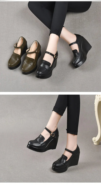 GKTINOO 2025 Compensées Chaussures Femme Printemps Automne À Enfiler Talons Hauts Bout Rond Cuir Véritable Décontracté Plateforme Dames Chaussures Femme