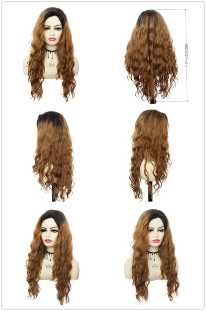 Perruque blonde bouclée cheveux synthétiques longs naturels perruques ondulées pour femmes blanches, raie libre, racines foncées, perruques ombrées, perruque ondulée tendance + autocollants