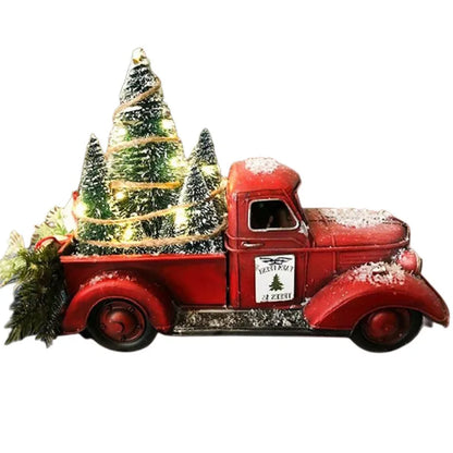 Christmas Retro Red Truck Ornaments Metal Car With Mini Green Tree And Box Xmas Table Decoration