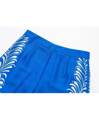 TRAFZA Woman Fashion Spring Wide Leg Pants Blue Print High Waist Pockets Button Zipper Trousers Female Bohemian Style Long Pants
