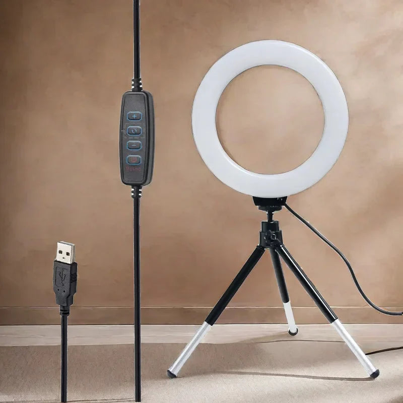 LED Ring Light with Tripod and Suction Cup for Selfie, 16cm, Portable USB Plug, Laptop Lighting, Video Conferencing, Makeup