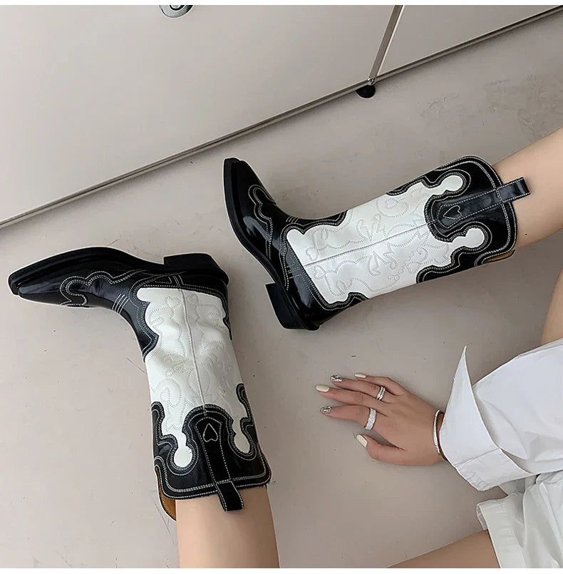 Ods Cowboy Western Boots For Women Real Leather Embroidered Pointed Toe Mid-calf Western Boot Retro Fashion Casual High Quality