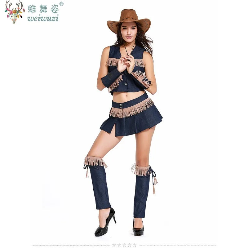 Carnaval Halloween Femme Sexy Costume de Cowgirl de l'Ouest Pionnière de la Prairie à Franges Tenue de Club Jeu de Rôle Cosplay Fête Déguisement